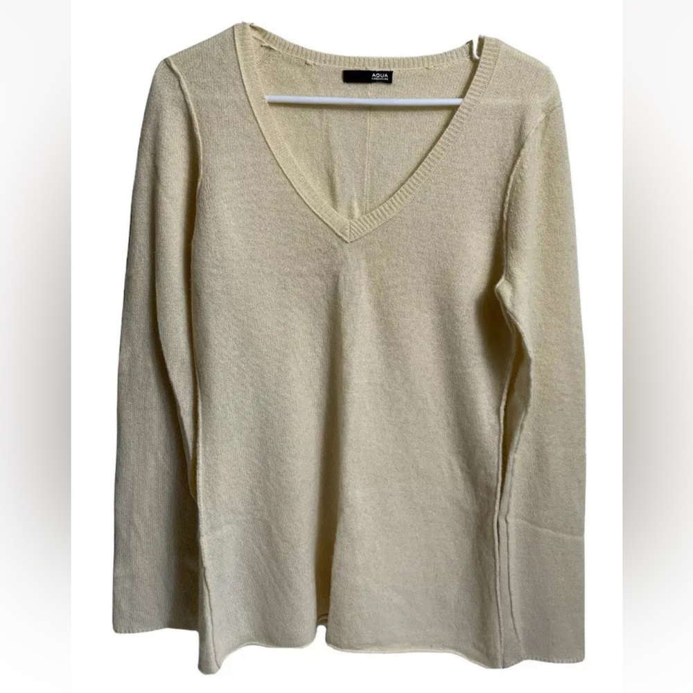 Women’s M/L Cashmere Pullover Sweater by Aqua V-neck Pale Yellow Fall Winter